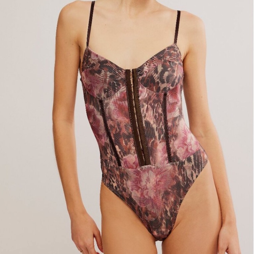 FREE PEOPLE Brown Night Rhythm Printed Corset-Style Floral Bodysuit--NWT--L